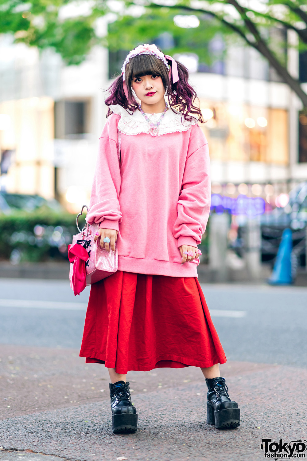 Japanese Fashion Designer in Harajuku w/ Twin Purple Tails, Lace Headdress, Nile Perch, 6%DokiDoki, Candy Stripper, Ank Rouge Glitter Bag & Yosuke Platforms