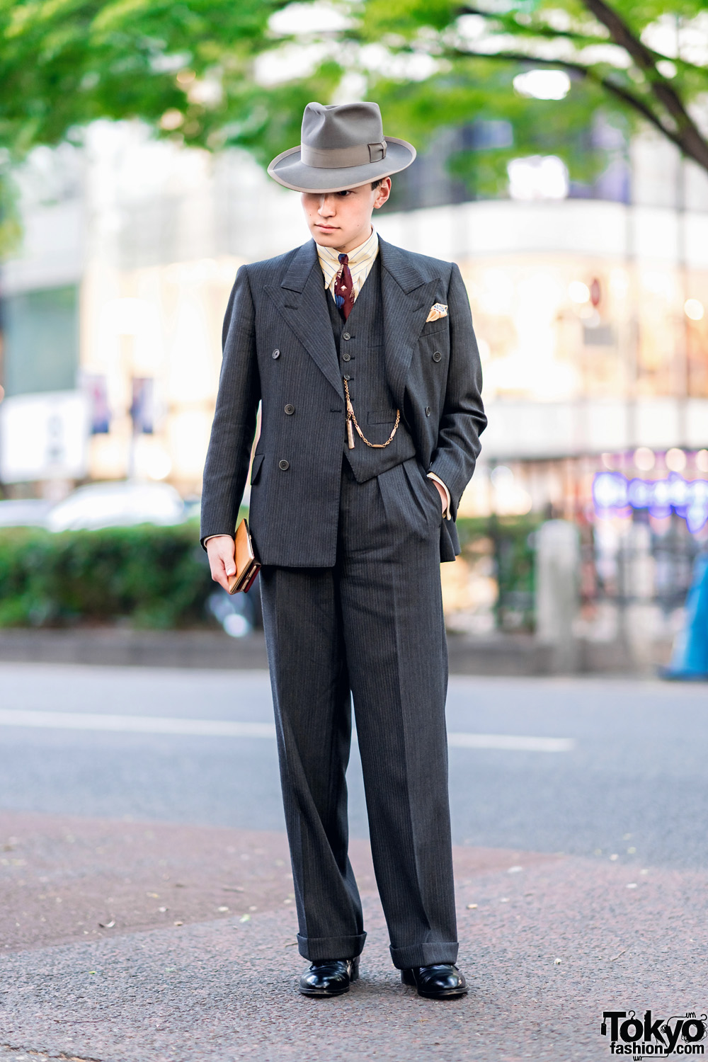 Dapper Tokyo Street Fashion w/ Vintage 1940's Stetson Hat, Pocket Square, Bespoke Pinstripe Suit, Cuffed Pants & Lace-Up Dress Shoes