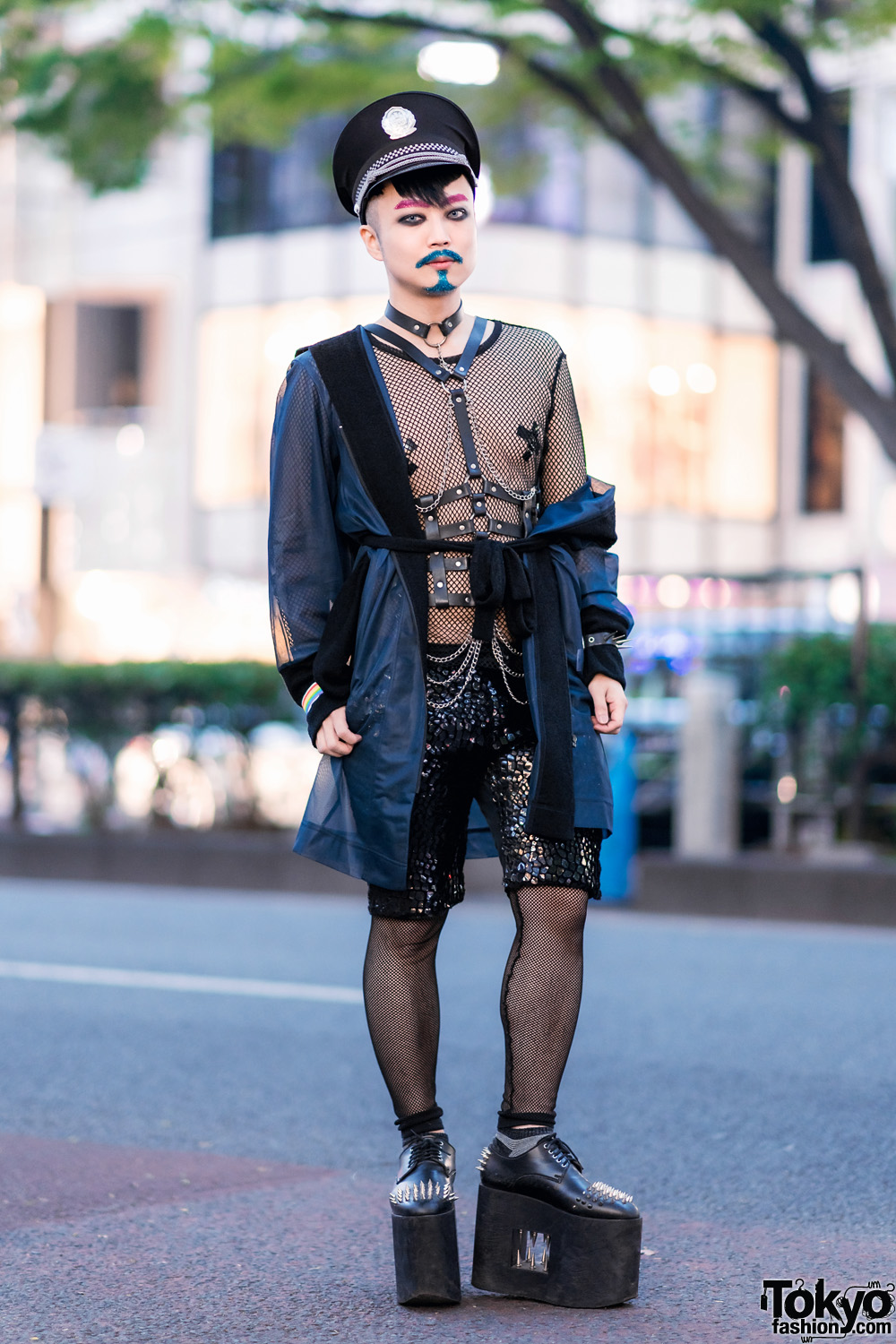 Japanese Pianist Composer in Harajuku w/ Glitter Mustache, Milkboy, Fishnets, House of Viviano Sue, Body Harness & Monster Shoes