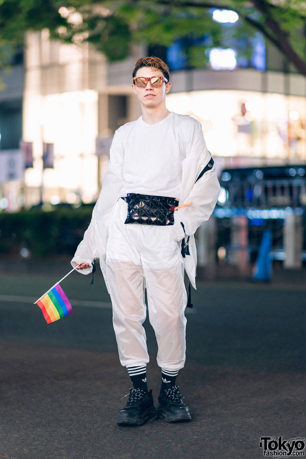 All White Tokyo Streetwear Style w/ Rainbow Flag, Celine Sunglasses, OMAC, Nike, Comme des Garcons, Adidas, Bao Bao Issey Miyake & Balenciaga Sneakers