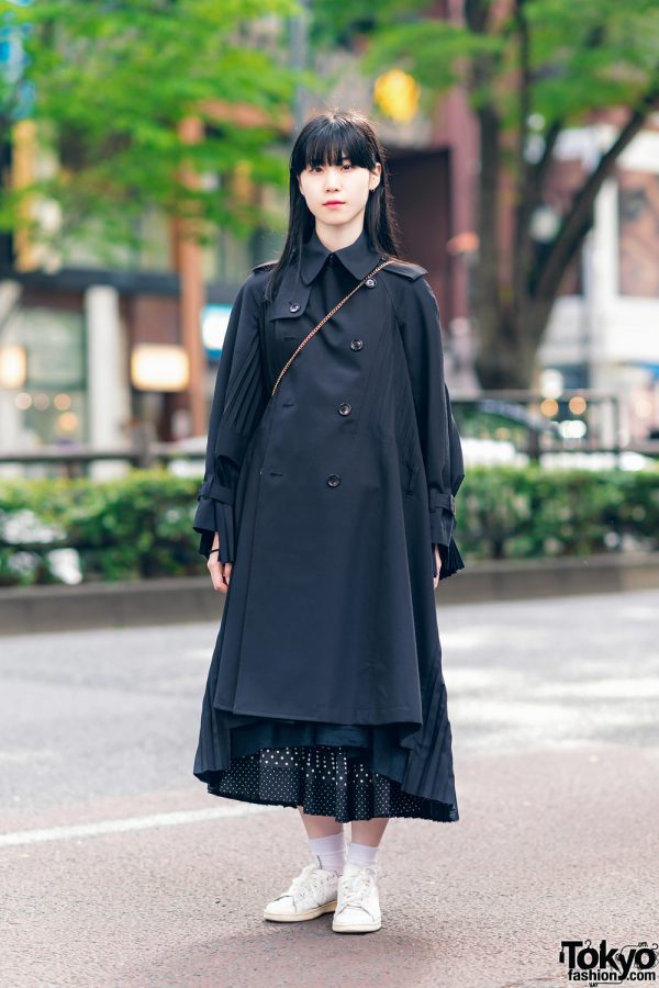 Japanese Minimalist Street Style w/ Junya Watanabe Pleated Trench Coat, Comme des Garcons Skirt, Asami Fujikawa, Miu Miu & Adidas