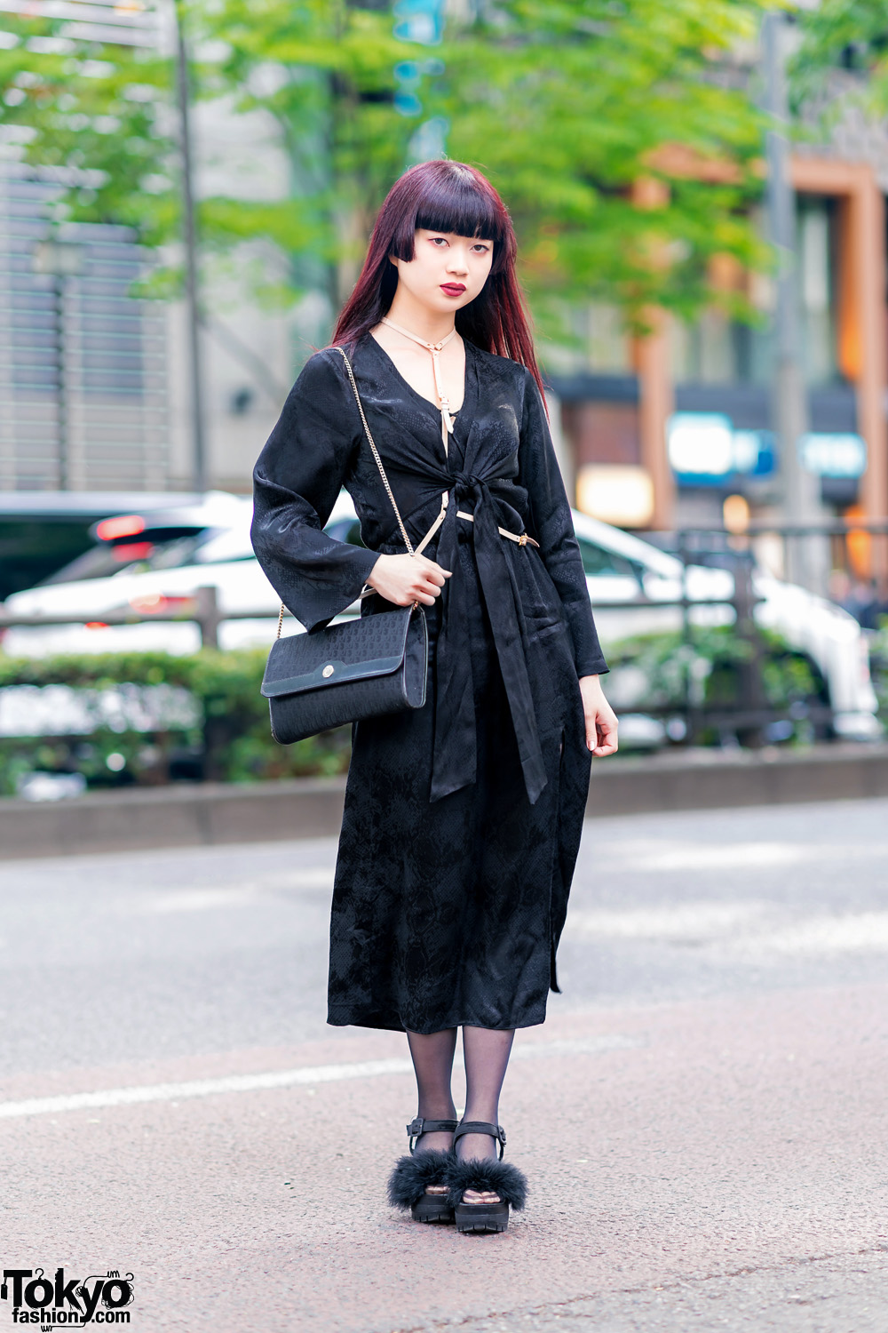 Japanese Designer in Harajuku w/ Wrap Dress, Dior Chain Purse, Shelly De Titi Harness & E Hyphen World Gallery BonBon Furry Sandals