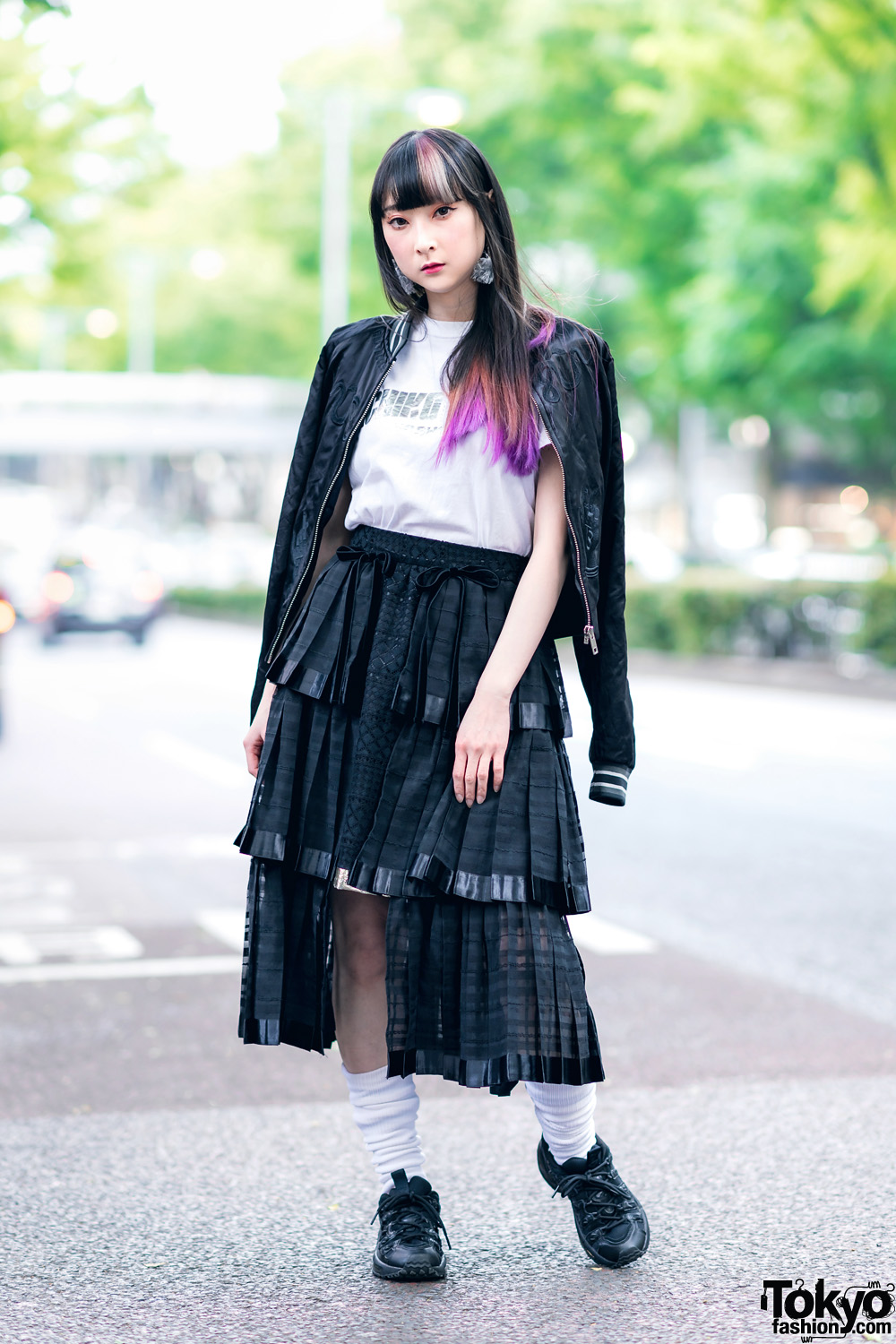 RinRin Doll in Harajuku Street Style w/ Satin Jacket, Michiko London Shirt, Rurumu Skirt, Pom Pom Earrings & Puma Sneakers
