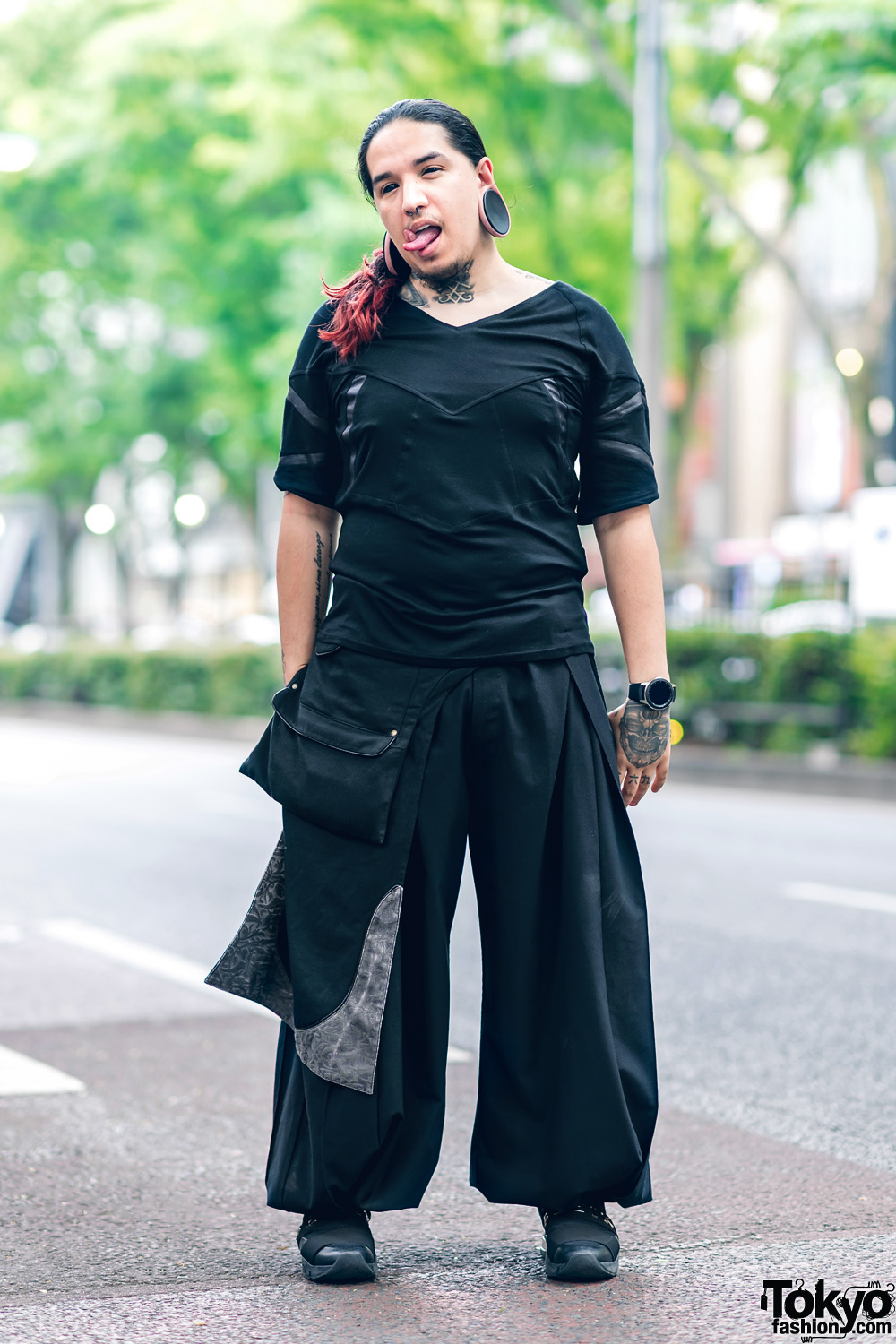 Body Modification Artist in Harajuku w/ Split Tongue, Tattoos, Stretched Ears, Aoi Clothing, Wide Leg Pants & Philipp Plein Sneakers