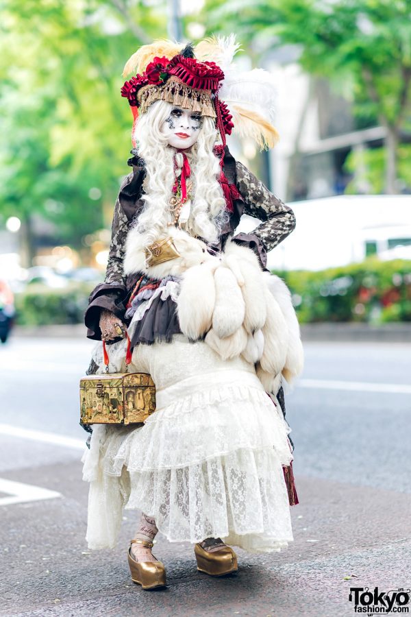 Harajuku Fashion w/ Shironuri Makeup, Feathered Tassel Hat, Maniac Lace Jacket, Gunne Sax Dress, Gothic Holic Fox Tail, Grimoire & Jeffrey Campbell Platforms