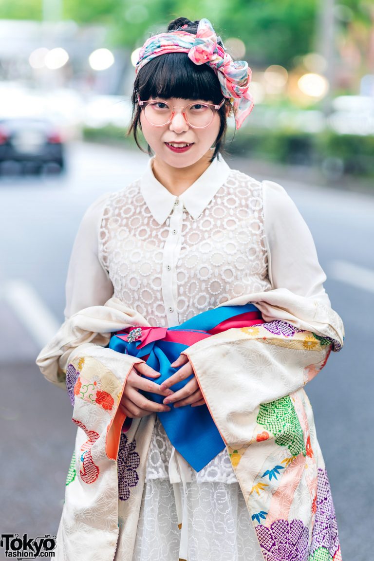 Vintage Japanese Kimono Street Style w/ Printed Headscarf, Sheer Blouse ...