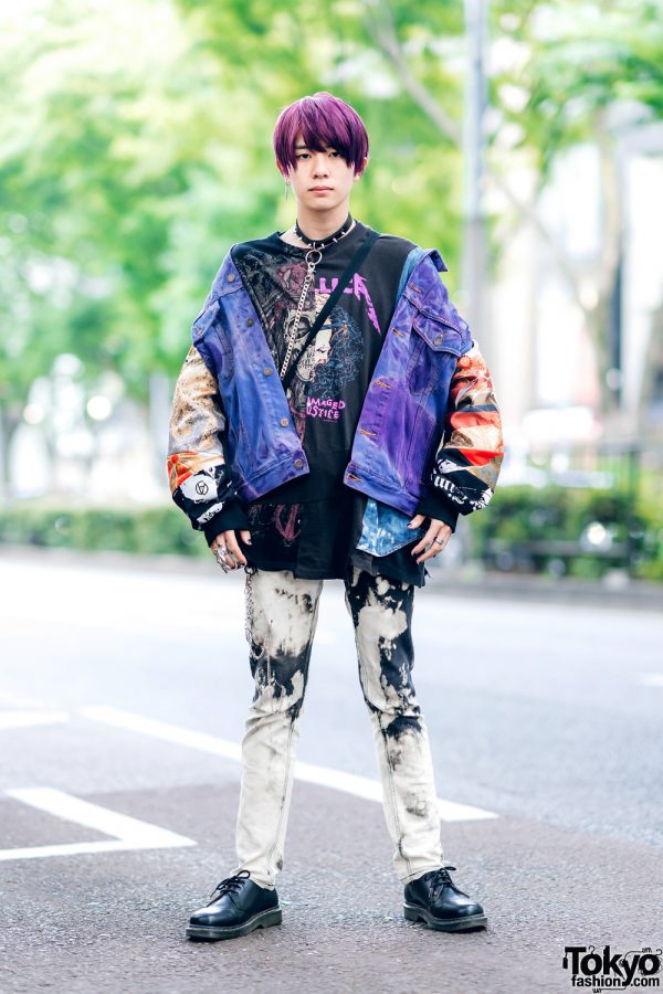 Graphic Print Streetwear in Harajuku w/ Cote Mer Denim Jacket, Printed Shirt, Tie Dyed Jeans, Silver Chains & Dr. Martens Shoes