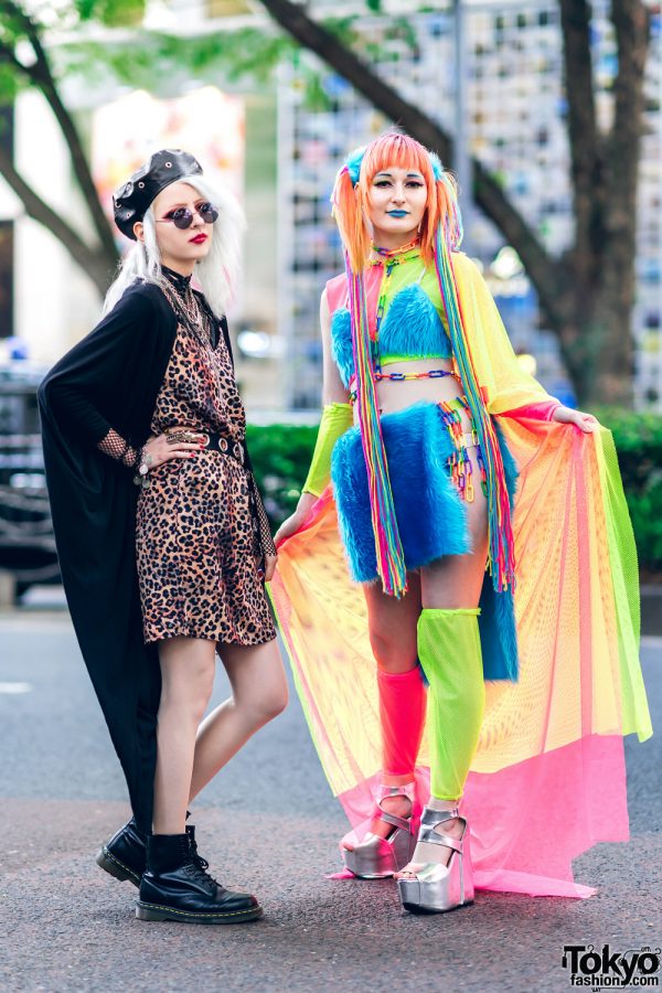 Harajuku Girls Street Fashion w/ Rainbow Hair Falls, Leopard Slip Dress, Fishnet Top, Mesh Cape, Furry Bralette, Rainbow Chains & Metallic Platform Shoes