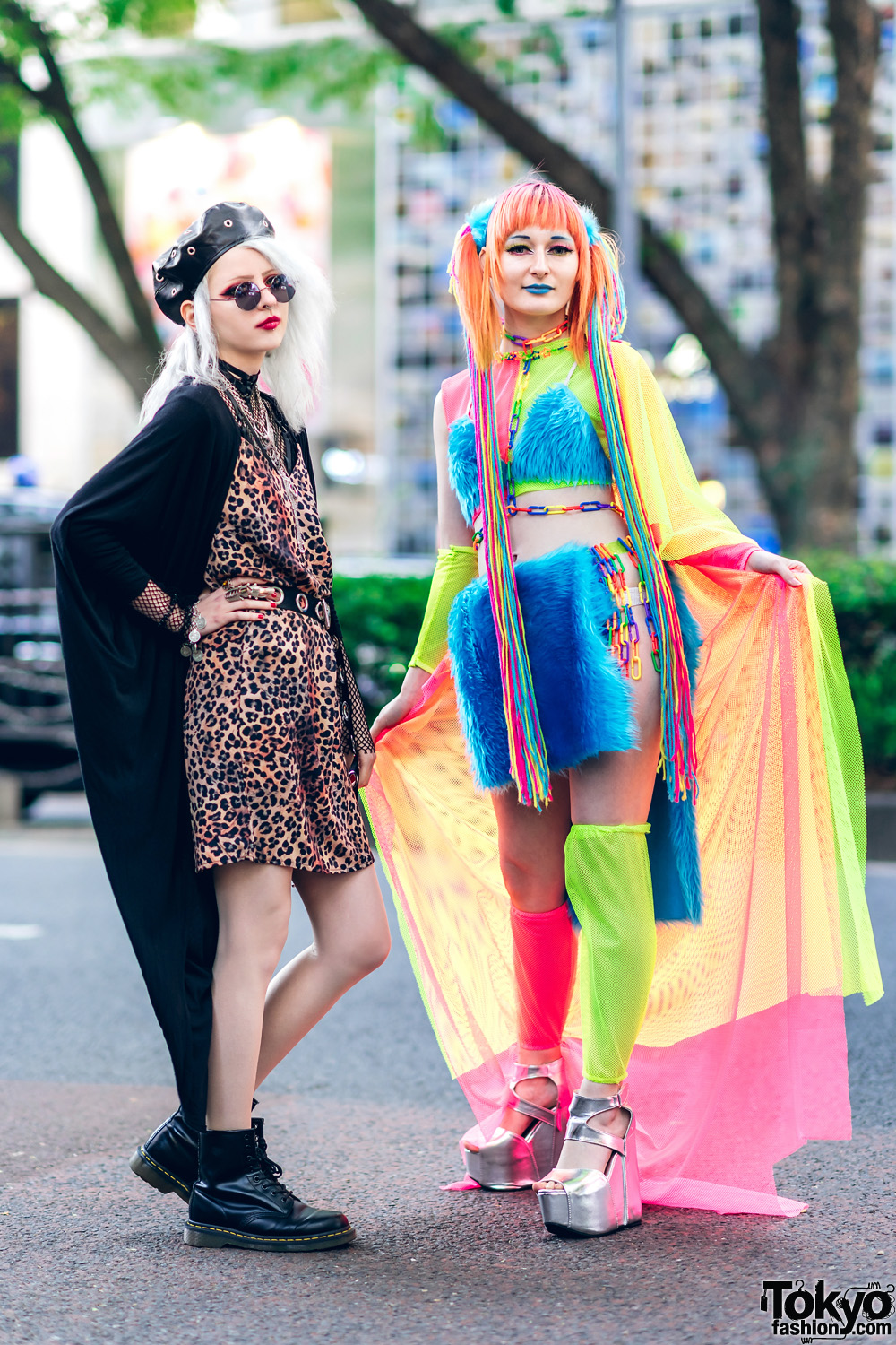 Harajuku Girls Street Fashion w/ Rainbow Hair Falls, Leopard Slip Dress, Fishnet Top, Mesh Cape, Furry Bralette, Rainbow Chains & Metallic Platform Shoes