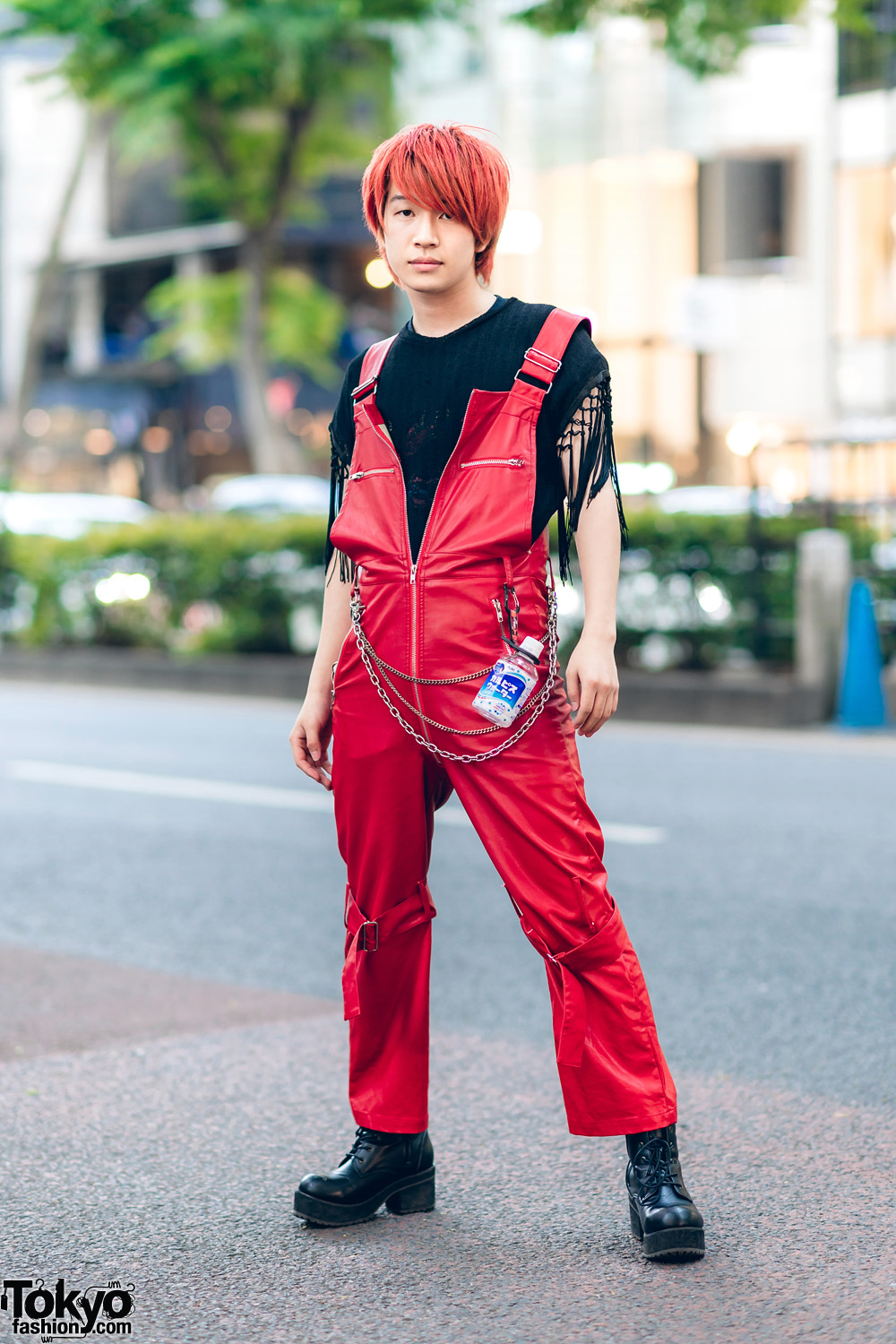 Red & Black Japanese Streetwear Style w/ Red Hair, Fringe Shirt, Kobinai Faux Leather Overalls, Silver Chains & Lace-Up Boots
