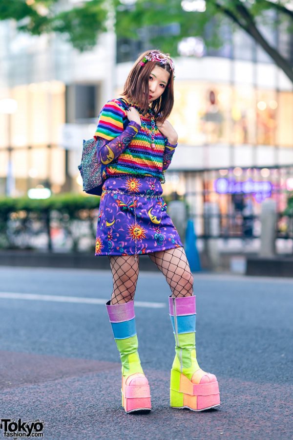 Harajuku Rainbow Street Fashion w/ Decora Hair Clips, Rainbow Shirt, Kobinai Celestial Print Dress, Rhinestone Mesh Top, Glitter Backpack & Demonia Platform Glitter Boots
