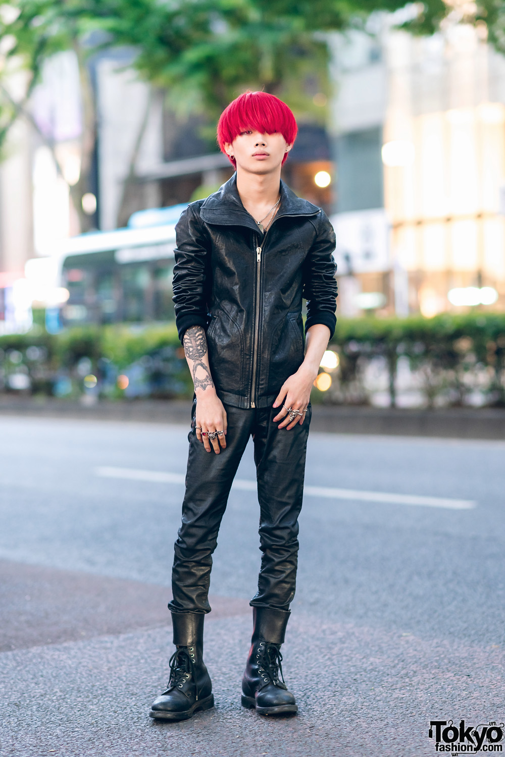 All Black Rick Owens Streetwear Style w/ Red Bob, Faux Leather Jacket, Skinny Pants, Tokyo Human Experiments Knuckle Rings & Vintage Boots