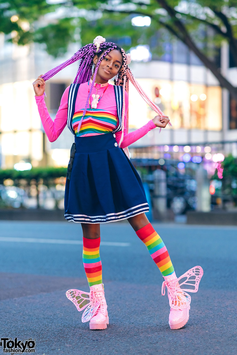 Rainbow Harajuku Street Style w/ Pink Purple Braids & Glitter Platform Butterfly Wing Boots