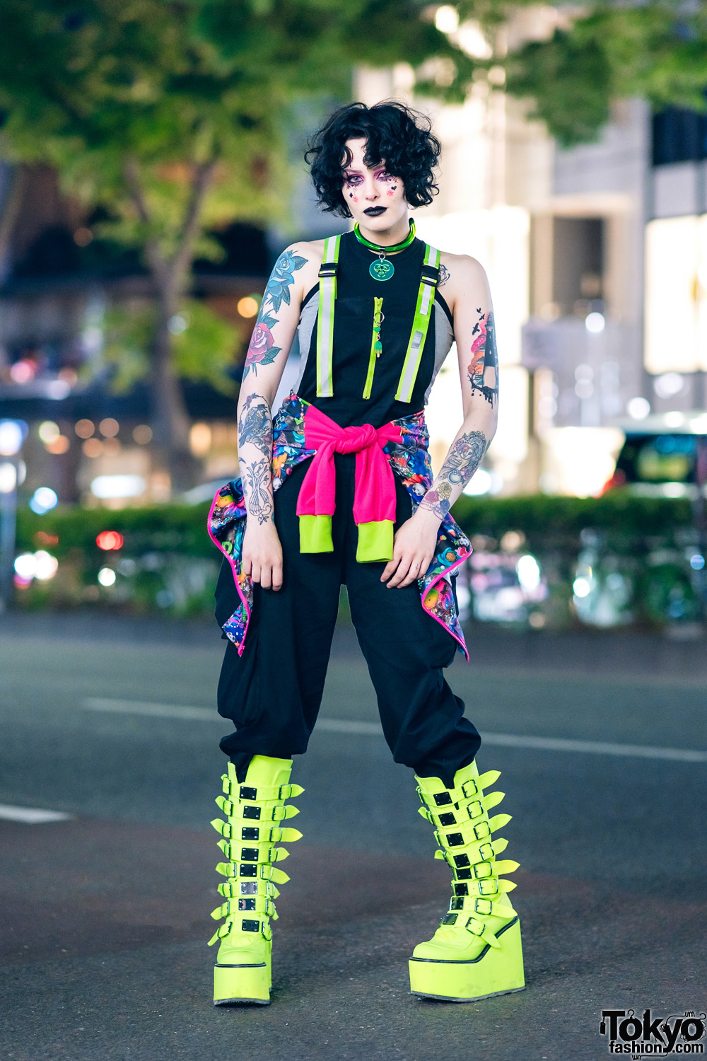 Harajuku Style w/ Tattoos, Jaded London Overalls, 6%DokiDoki Kawaii Jacket & Demonia Neon Boots