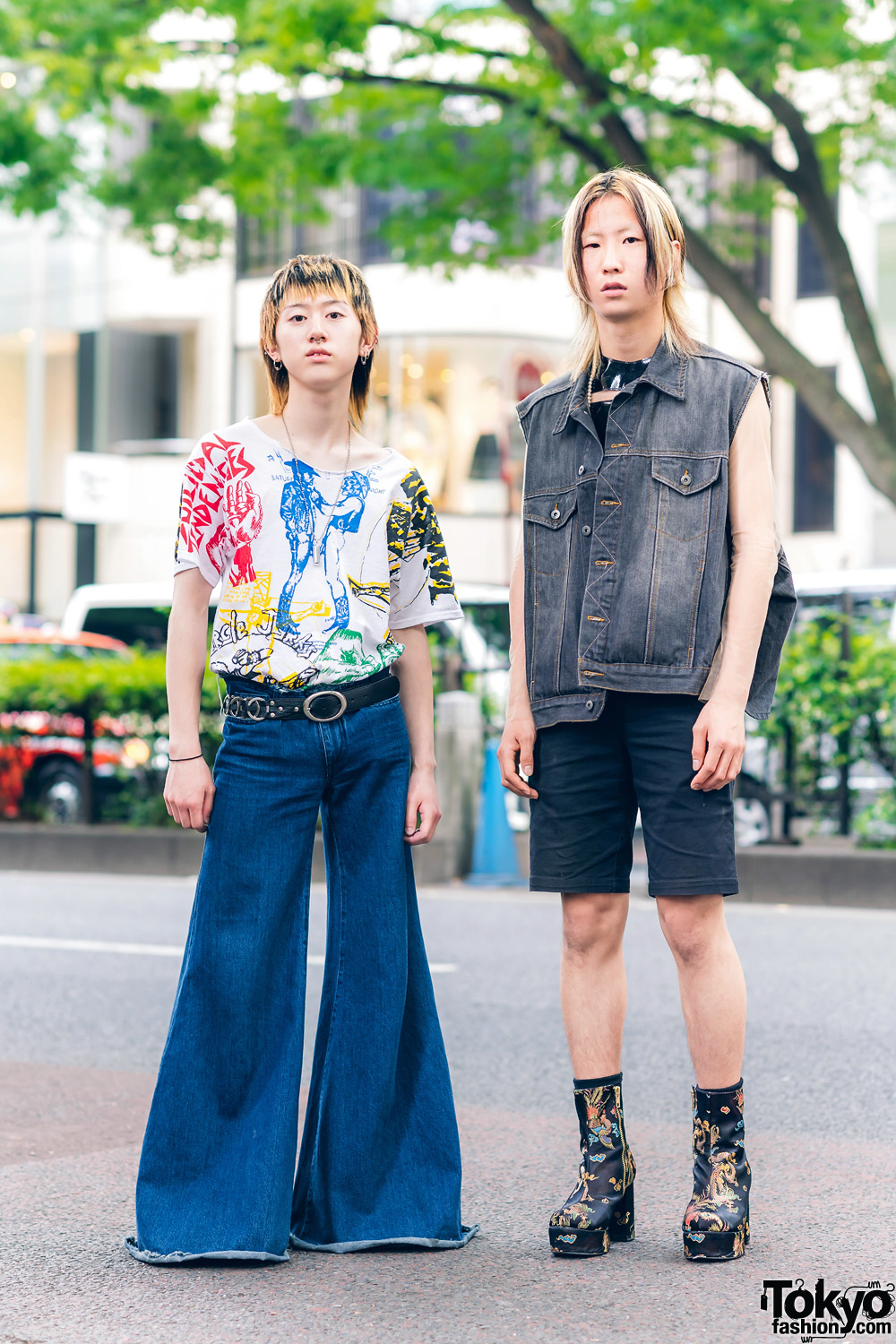 Harajuku Guys Streetwear Styles w/ Dog Harajuku, Marques Alemida Flared Pants, LRS Sheer Top, Maison Margiela & Dragon Platform Boots