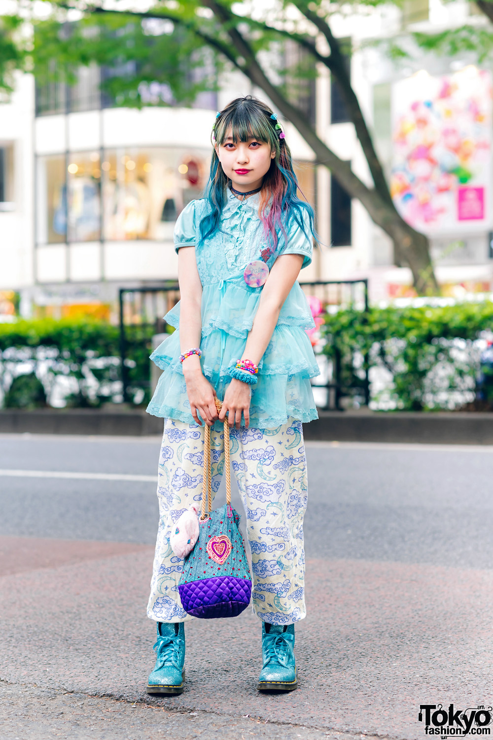 Multicolored Hair, Algonquins Tiered Blouse, Cloud Print Pants, Quilted Bag, 6%DokiDoki & Dr. Martens Glitter Boots