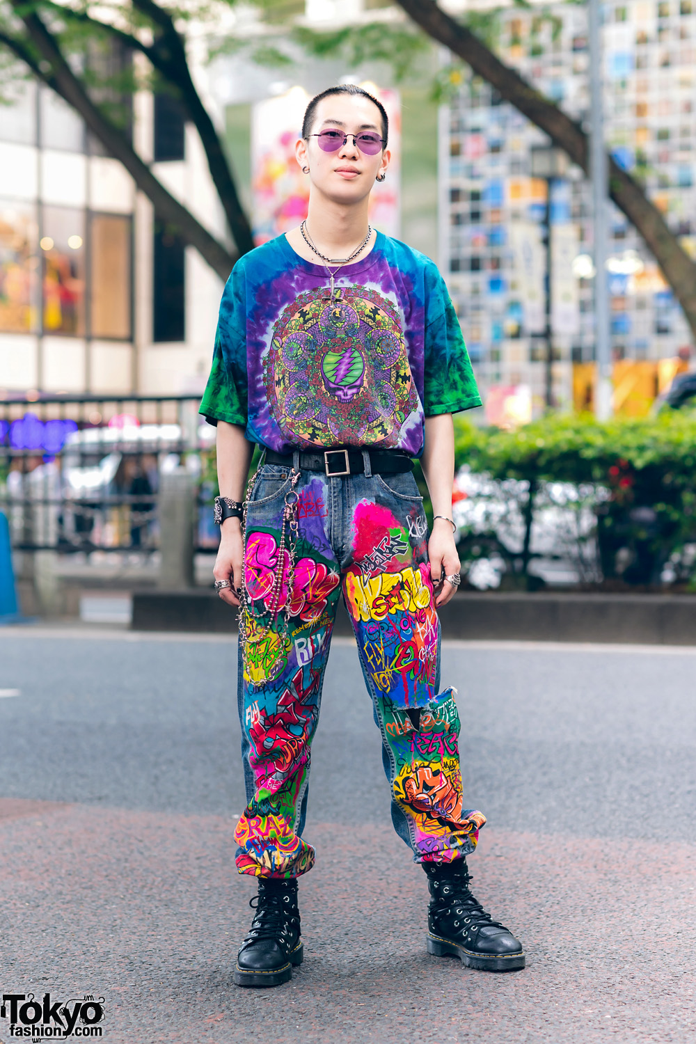 Colorful Harajuku Streetwear w/ Grateful Dead Shirt, Hand Painted Graffiti Jeans, Nacht & Dr. Martens Boots