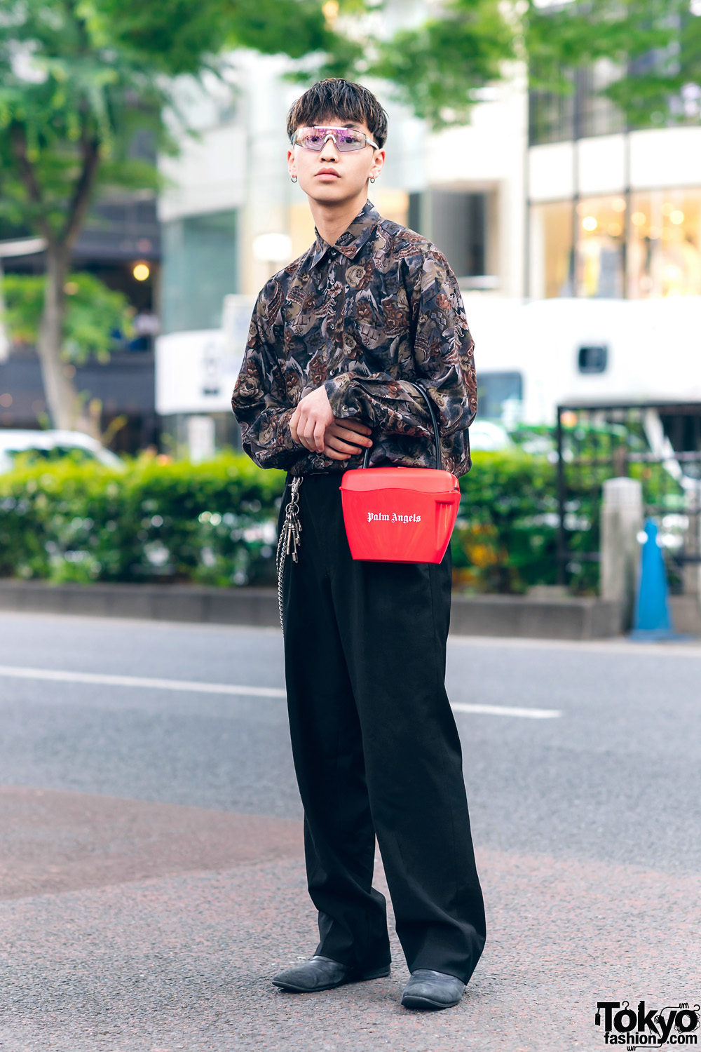 Harajuku Street Style w/ Visor Glasses, Floral Shirt, Comme des Garcons, Undercover, Palm Angels Bag & Paul Smith