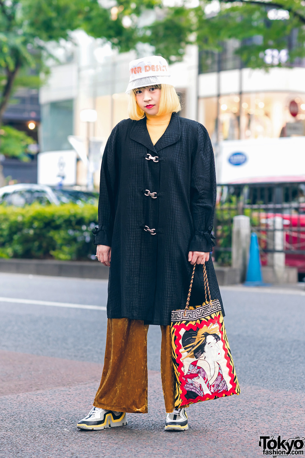 Sushi Shop Staffer in Harajuku w/ Yellow Bob, Never Desist Bucket Hat, GU Velvet Pants, Geisha Print Tote Bag & Pierre Hardy Sneakers