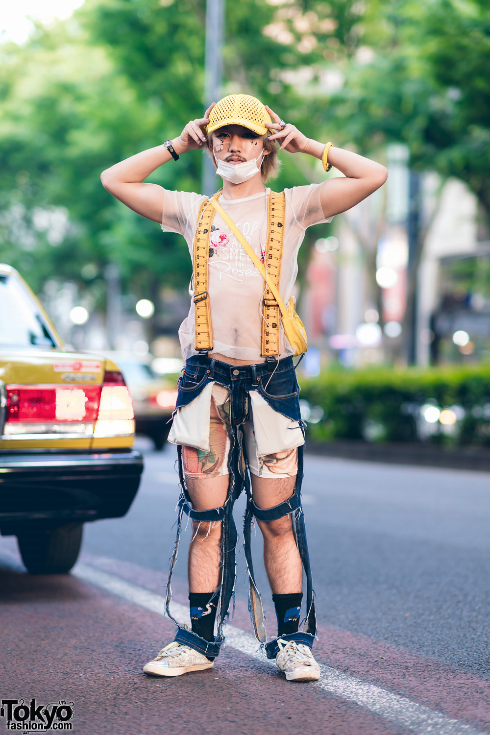 Harajuku Style w/ Sheer Shirt, Flat Suspenders, Handmade Cutout Jeans & Glitter Sneakers