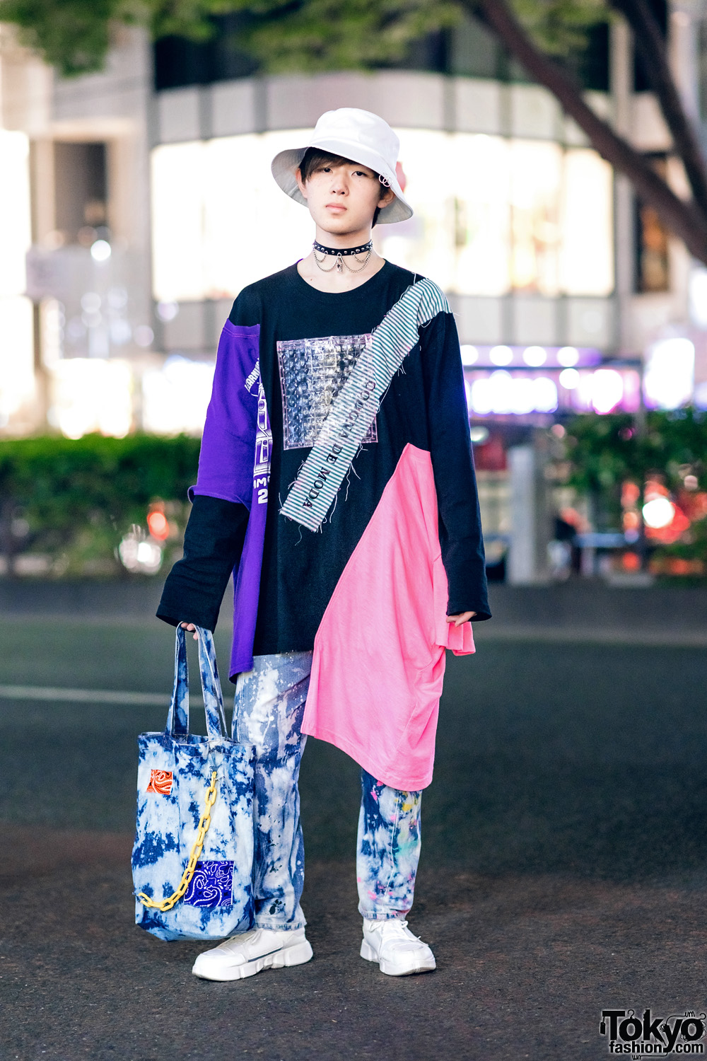 Harajuku Street Fashion w/ Spinns Bucket Hat, Codona De Moda Asymmetrical Sweatshirt, Tie Dye Pants & Sneakers