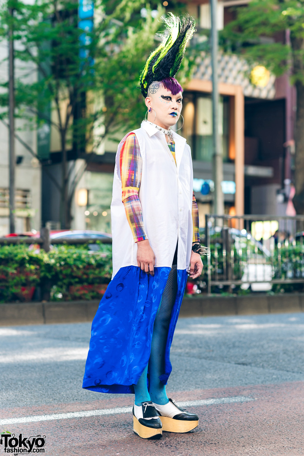 Mohawk Hairstyle in Harajuku w/ Sleeveless Dress, Heiligtum Sweatshirt, Fishnets & Vivienne Westwood Rocking Horse Shoes