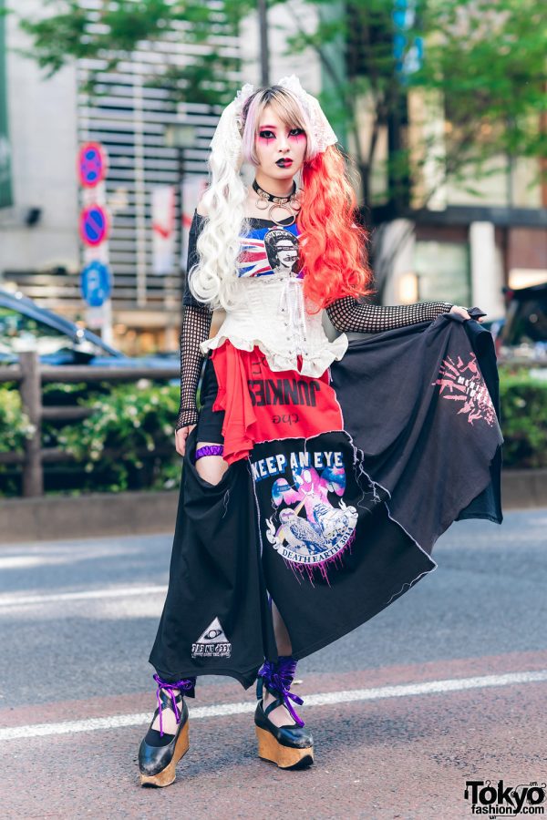 Heiligtum Fashion Designer in Harajuku w/ Two-Tone Makeup, Twin Tails, Ruffle Corset, Remake Patchwork Skirt, Fishnets & Vivienne Westwood Rocking Horse Shoes