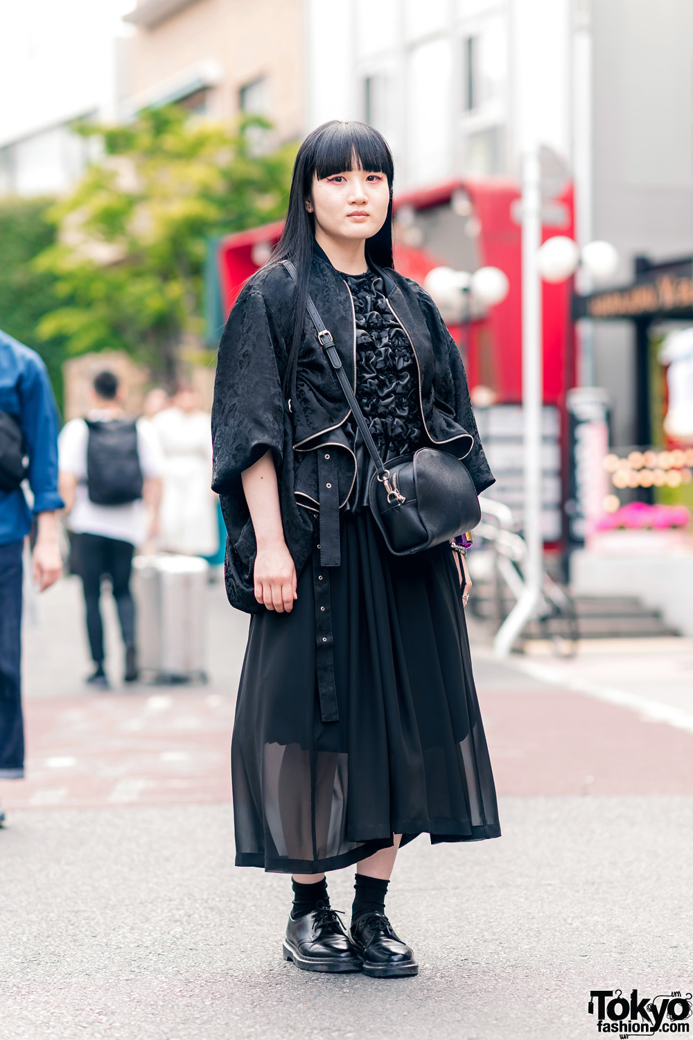 All Black Harajuku Street Style w/ Long Hair, Mame Accessories, Noir Kei Ninomiya Textured Blouse, Sheer Midi Skirt, Crossbody Bag & Lace-Up Shoes