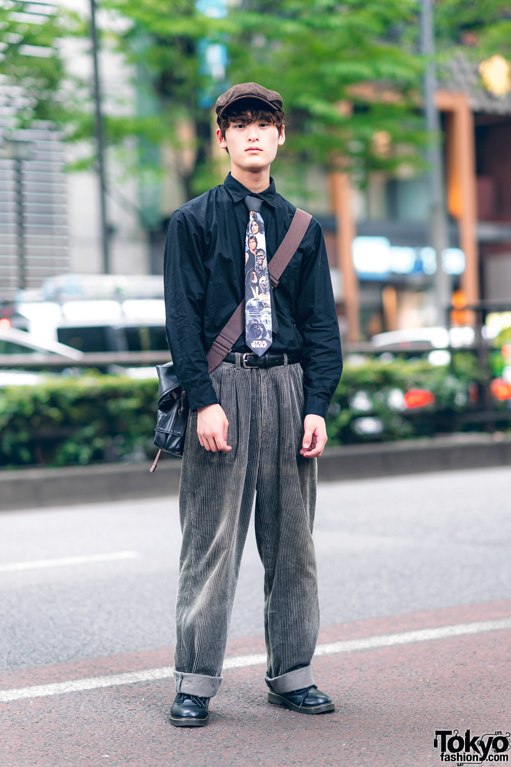 Retro Vintage Menswear Street Style w/ Newsboy Cap, Star Wars Necktie, Cuffed Corduroy Pants, Takeo Kikuchi Crossbody Bag & Vintage Boots