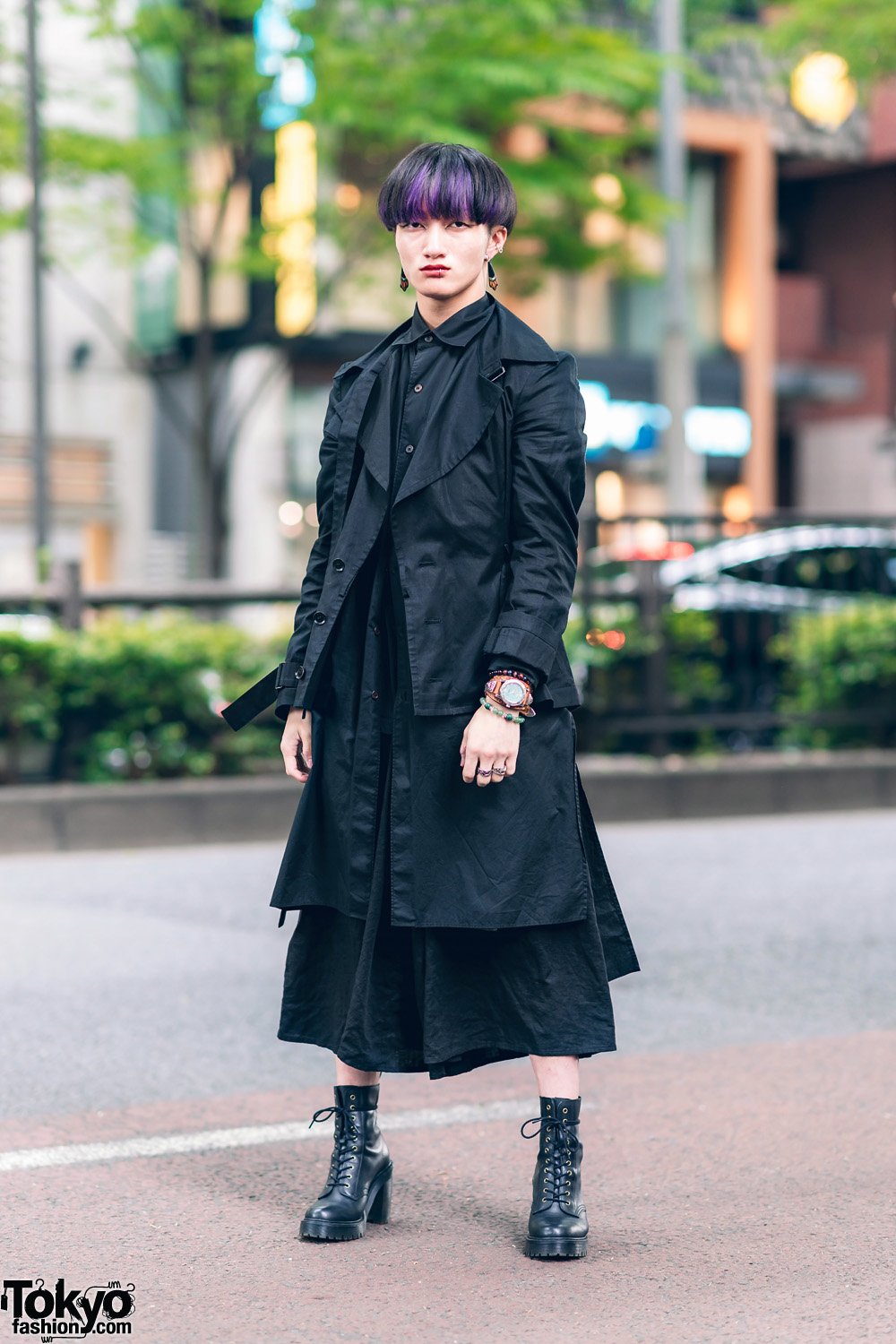 All Black Harajuku Streetwear Style w/ Purple Hair Streaks, Y's Belted Jacket, Y-3 Long Shirt, Lowrys Farm Wide Leg Pants, SAAD Silver & Dr. Martens Boots