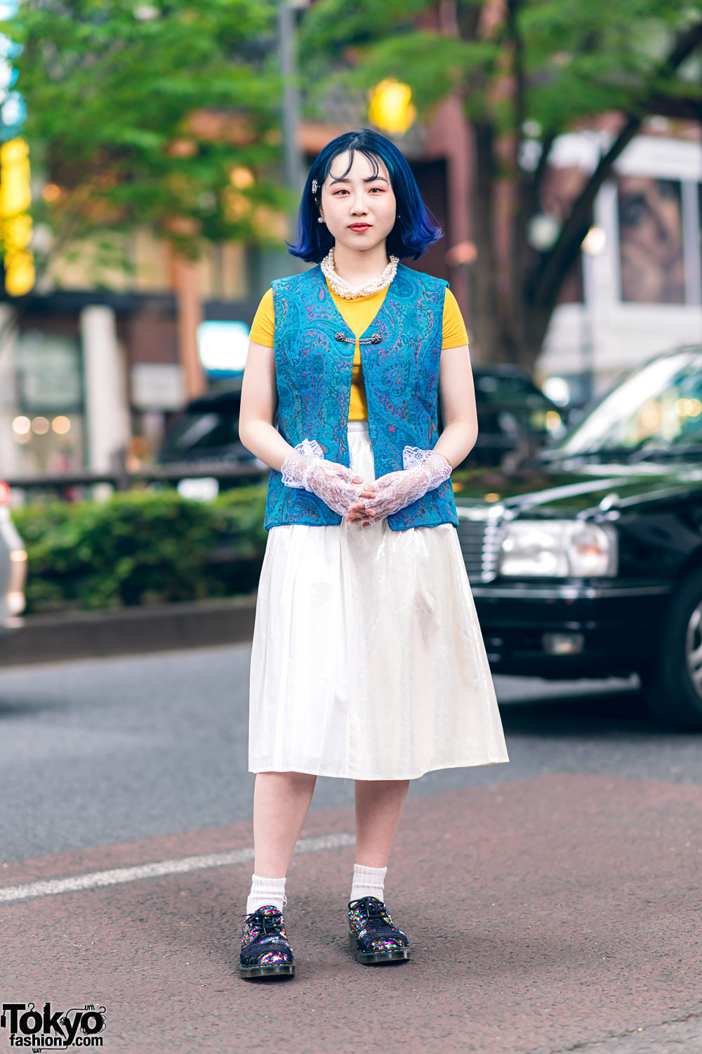 Harajuku Girl Streetwear Style w/ Blue Hair, Pearl Jewelry, Lace Gloves, Kinji Textured Vest, Forever21, Midi Skirt & Dr. Martens Sequin Shoes