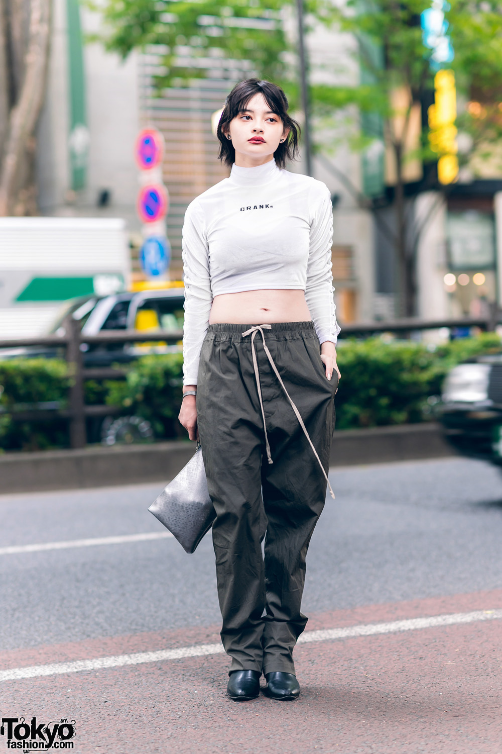 Harajuku Model's Monochrome Street Fashion w/ Crank Cropped Top, Rick Owens Drawstring Pants, Gum Metallic Wristlet, Tokyo Human Experiments & Pointy Boots
