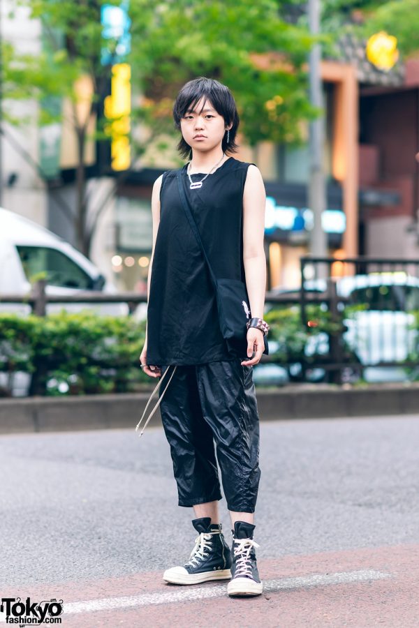 Razor Blade Necklace, A New Cross Sleeveless Top, Rick Owens Shiny Pants, Tokyo Human Experiments, Cyber Dyne Bag & Leather Sneakers