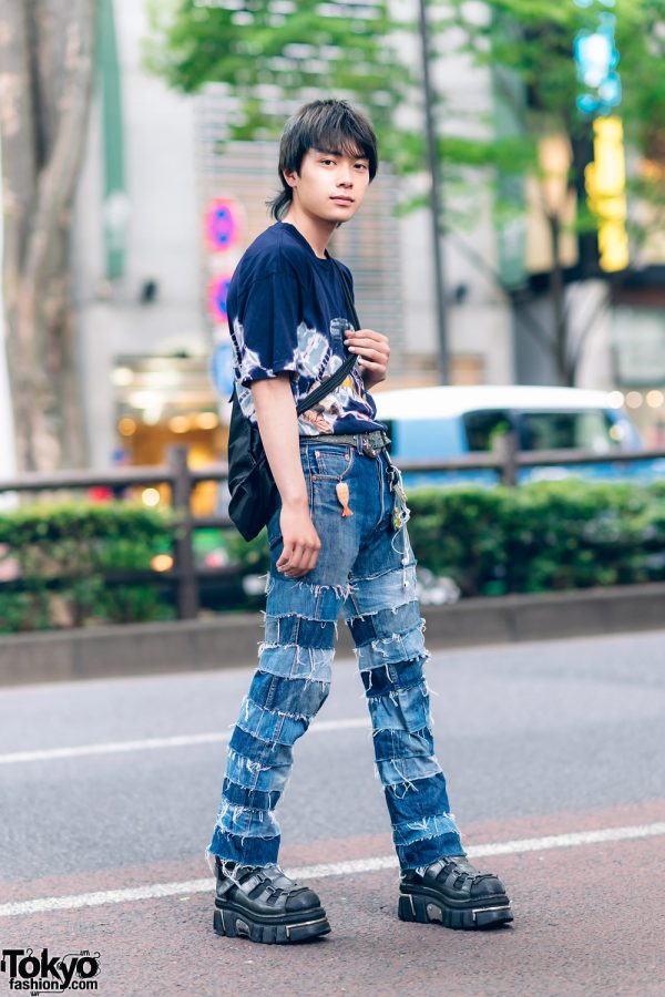 Men’s Street Style in Harajuku w/ Chicago Graphic Print Shirt, Remake Levi’s Fringed Patchwork Jeans, Nike Backpack & New Rock Strap Shoes