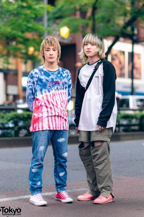 Casual Tokyo Streetwear Styles w/ Tie Dye Shirt, Tsumori Chisato Hand Painted Jeans, Stussy Raglan Shirt, Columbia Convertible Pants, Adidas & Facetasm x Converse Sneakers