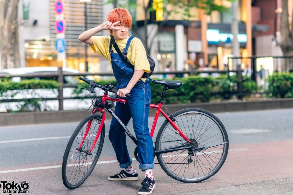 Harajuku Style w/ Orange Hair, Bicycle, Denim Overalls, Manhattan Portage Mesh Waist Bag & Adidas Campus Sneakers