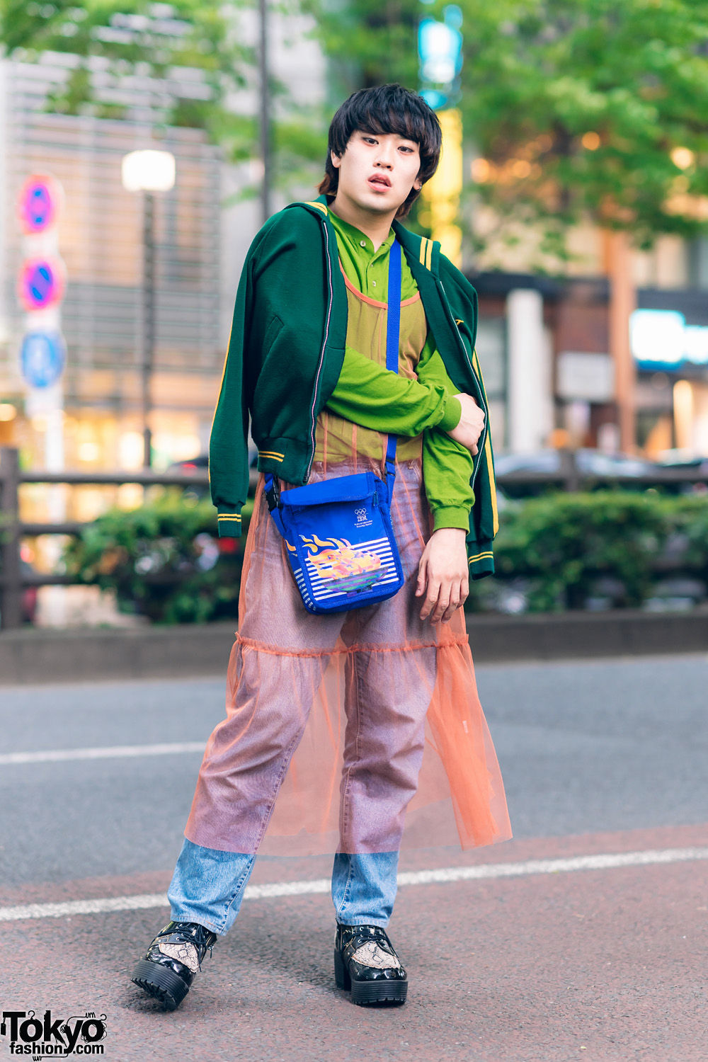 Eclectic Layered Street Fashion in Harajuku w/ Sailor Collar Jacket, Sheer Tiered Dress, Denim Pants, Sling Bag & Snakeskin Shoes