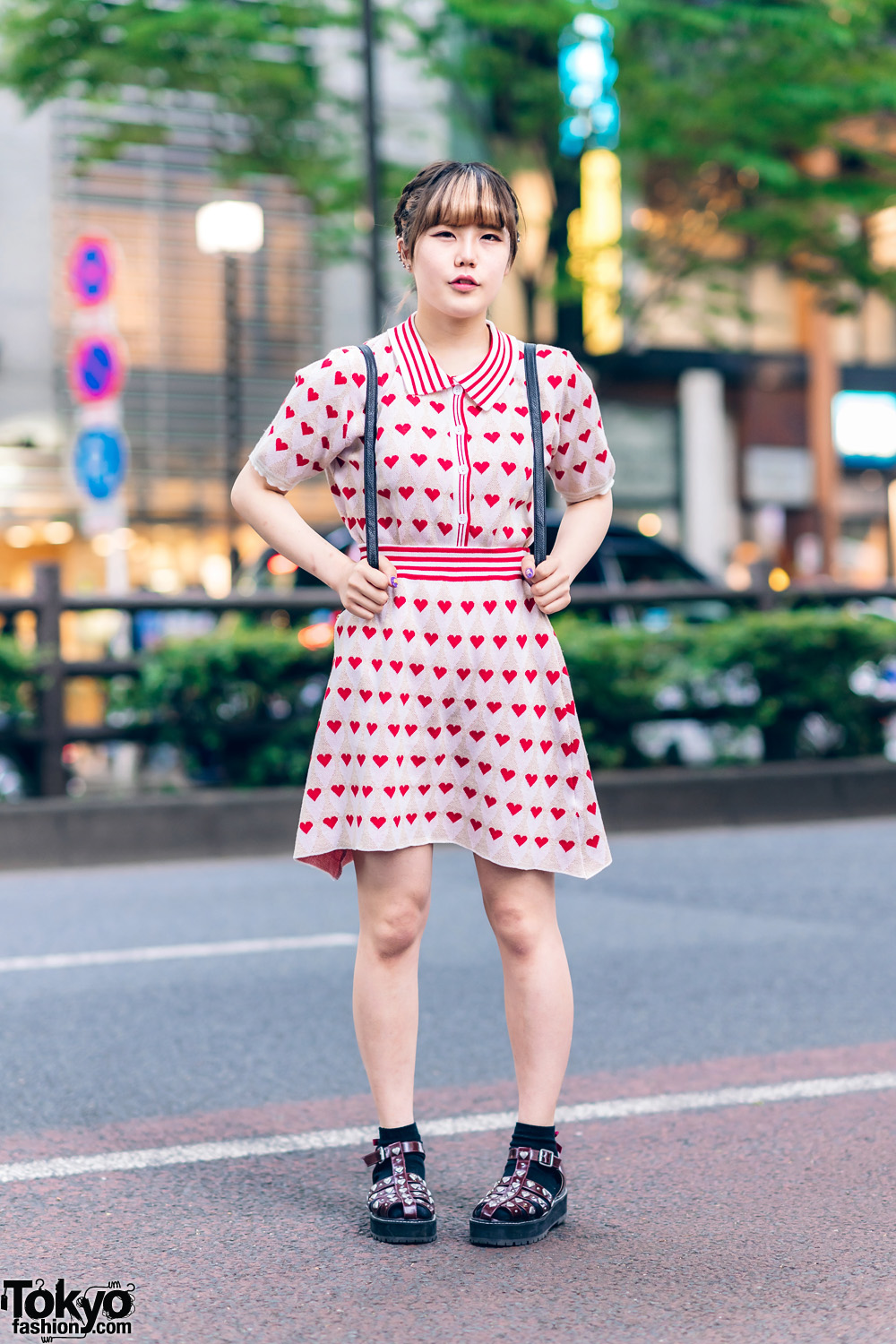 Harajuku Street Style w/ Braided Hairstyle, Vivienne Westwood Ear Studs, Kobinai Heart Print Dress, Quilted Backpack & Merry Jenny Strap Shoes