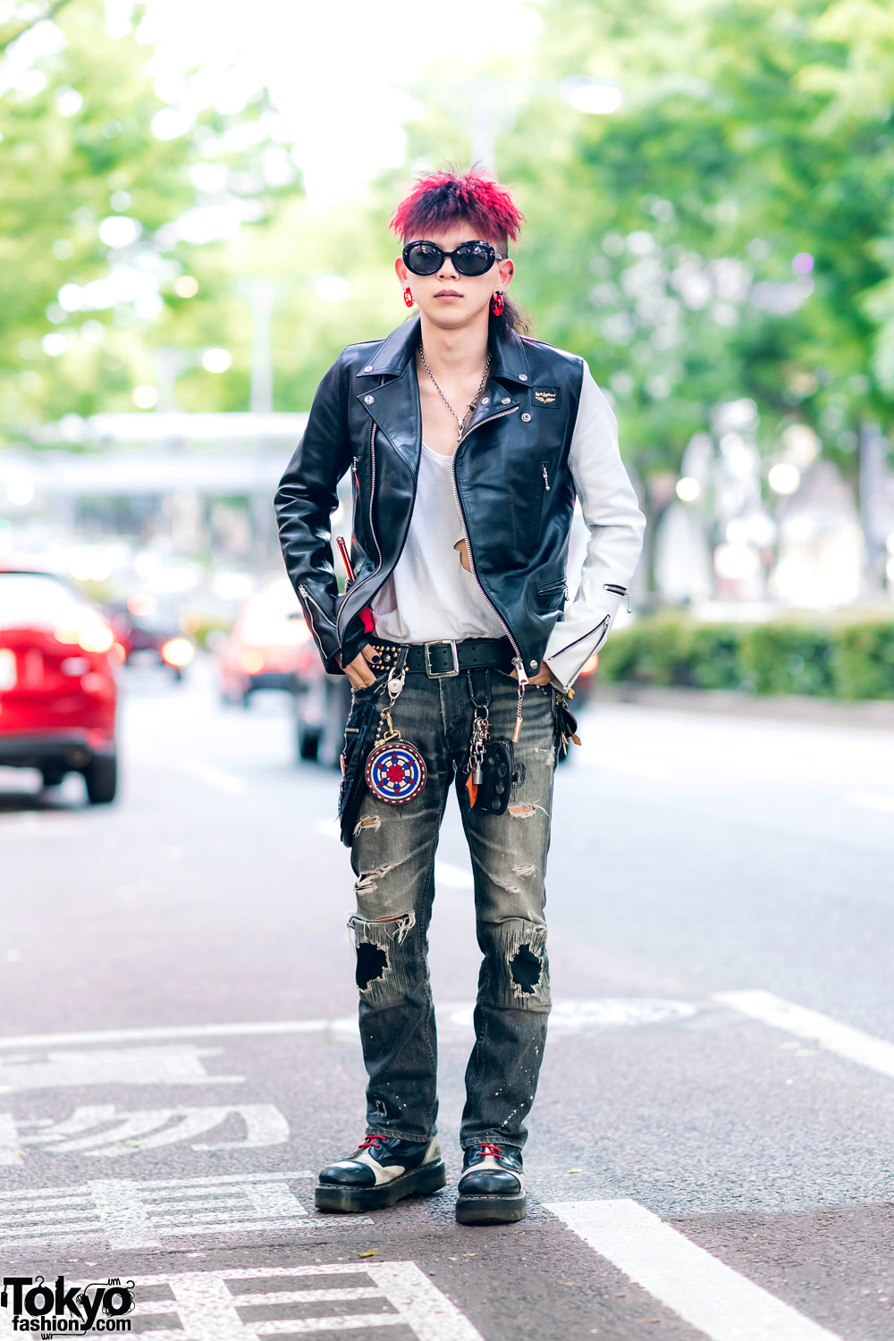 Edgy Monochrome Streetwear Style w/ Pink Hair, Skull Necklace, Lewis Leathers Motorcycle Jacket, Ripped Jeans, Denim Belt Bag & Two-Tone Boots