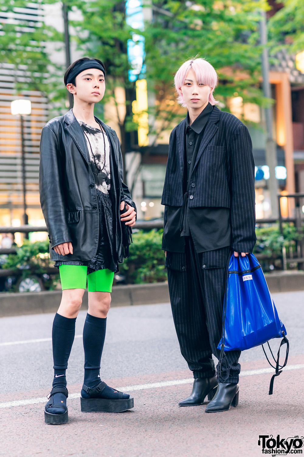 Tokyo Streetwear Styles w/ Pink Hair, ESC Studio Pinstripe Suit, Faux Leather Blazer, Cycling Shorts, Fringed Bag & Asos Pointy Boots