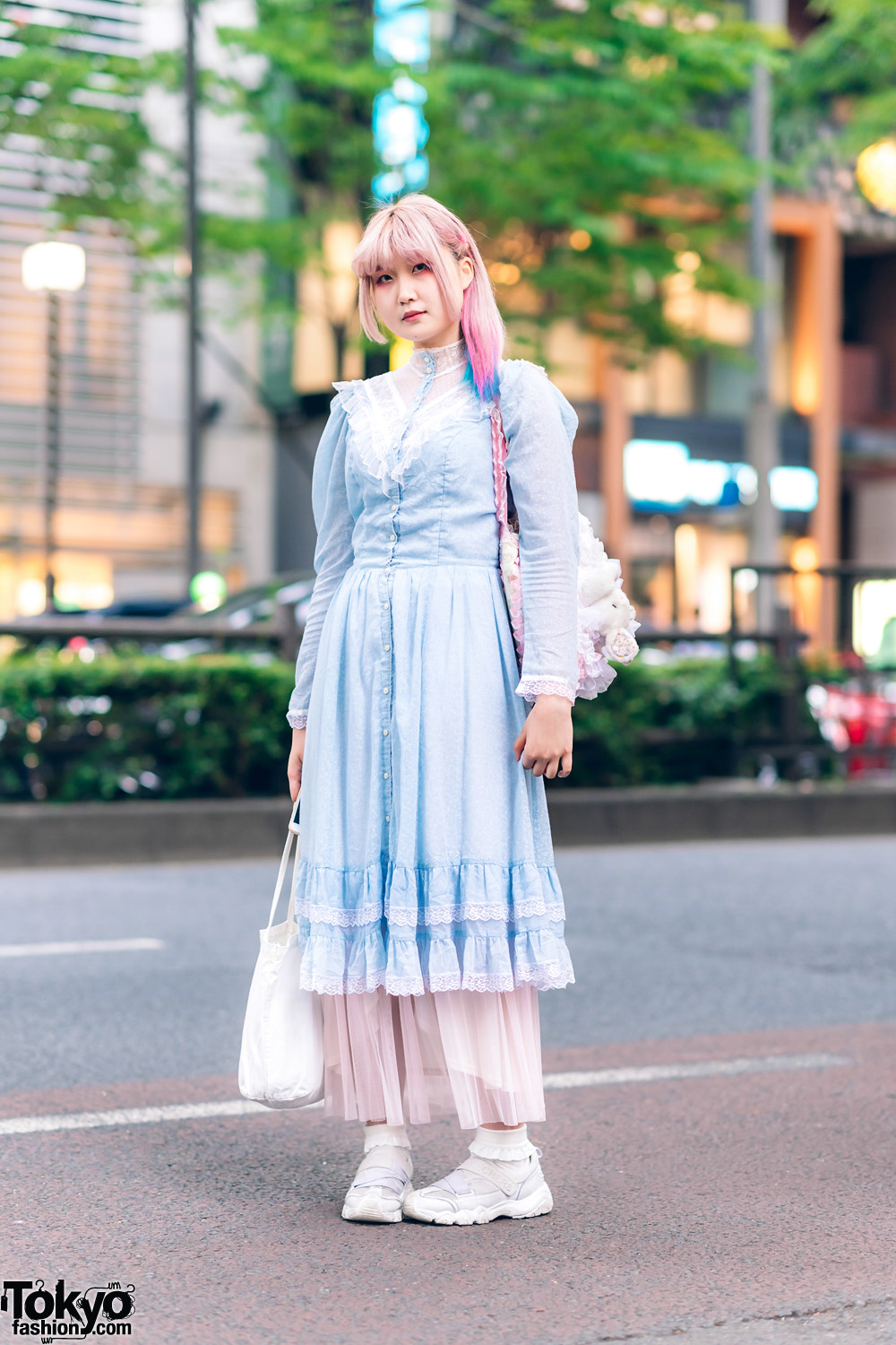 Harajuku Vintage Pastel Fashion w/ Pink Hair, Gunne Sax Ruffle Dress, Sheer Maxi Skirt, Gunifuni Sheepskin, &  Plushie Bag