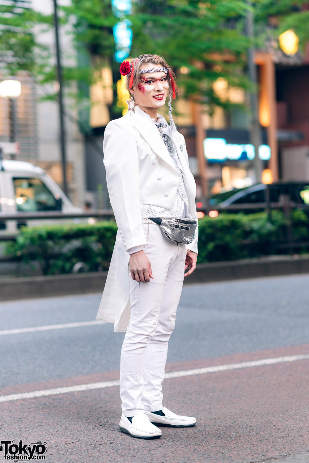 Shibuya Fashion Walk Organizer's Streetwear Style w/ Red Feathers, Glitter Makeup, Tailcoat Tuxedo, Sequin Vest, Medallion Necklace & Loafers
