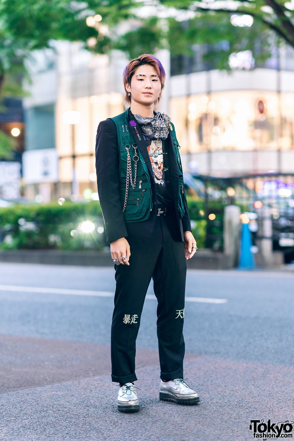 Tokyo Men's Street Style w/ Colored Hair, Skull Mask, Utility Vest, Graphic Shirt, Cuffed Pants, Casio Watch, Spinns & John Lawrence Sullivan Shoes