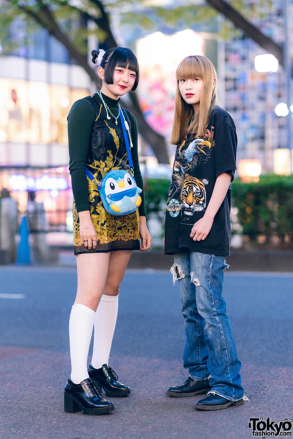 Harajuku Girls w/ Twin Buns, Uniqlo, Kinji Baroque Dress, Zara, (ME)Harajuku, D&G, Pokemon Bag, Ripped Jeans & GU Boots