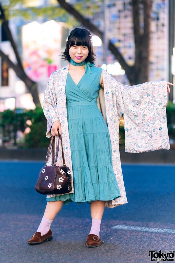 Tokyo Kimono Streetwear Style w/ Resale Floral Kimono, Neck Scarf, Tiered Dress, Gilli Leather Handbag & Oriental Traffic Pointy Loafers