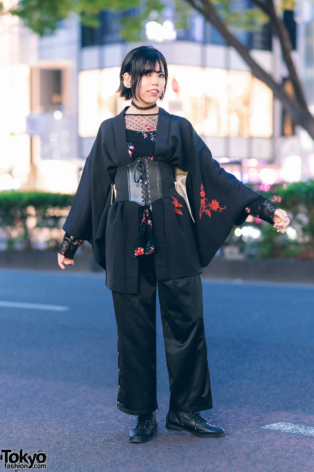 Vintage Kimono & Corset Japanese Street Style w/ Fringed Bob, Colored Contacts, Ruffle Earring, Tattoo Choker & Lace-Up Boots