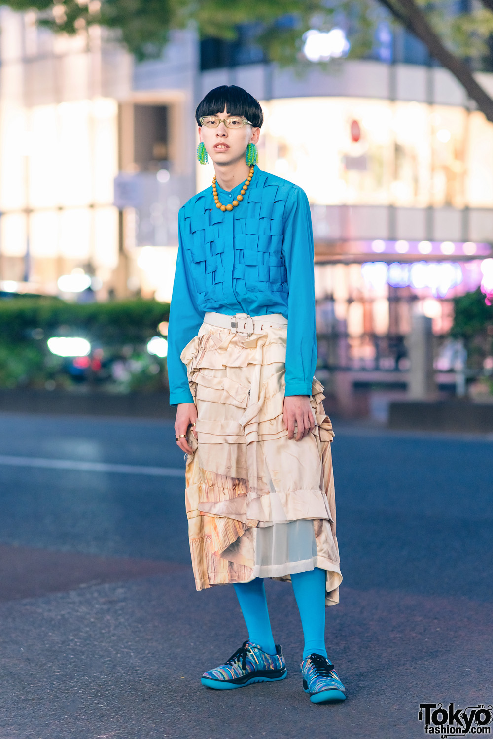 Tokyo  Menswear w/ Tassel Earrings, Wooden Bead Necklace, Textured Top, Comme des Garcons Tiered Skirt & Puma x Coogi Sneakers
