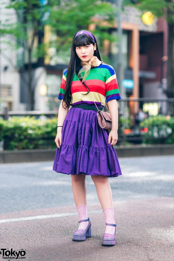 Harajuku Style w/ Purple Headband, Rainbow Shirt, Tiered Skirt, Glitter Chain Strap Bag & OK Platform Babydoll Glitter Shoes