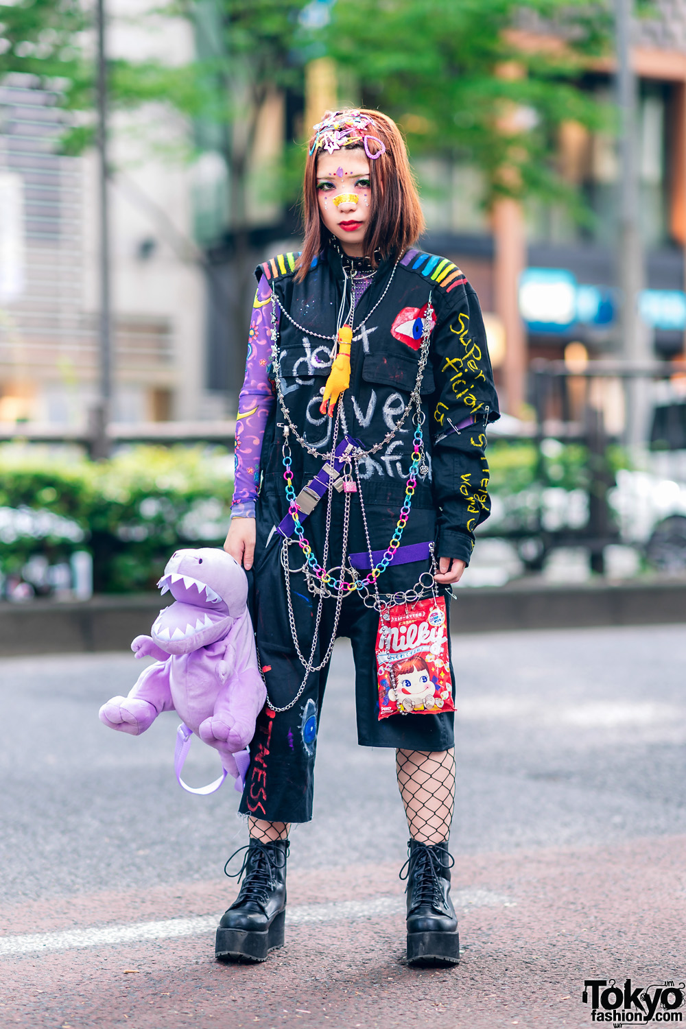 Remake Streetwear Style in Harajuku w/ Decora Hair Clips, Hand Painted Jumpsuit, Dinosaur Bag & Platform Boots