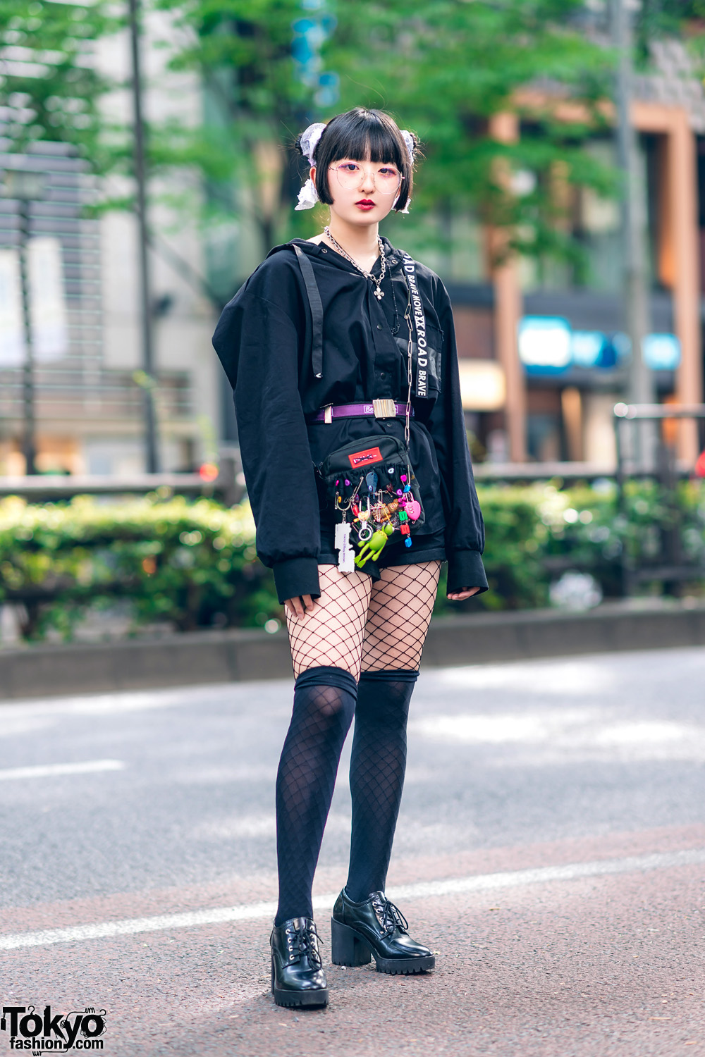 All Black Tokyo Street Style w/ Twin Buns Hairstyle, Zara Hoodie Shirt, Cuffed Shorts, Fishnets, Pokemon, Kinji, MilkFed Bag & Pointy Ankle Boots